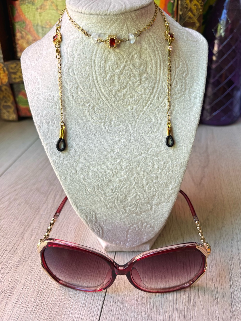 Burgundy Sunglasses Gold Chain with Jewelry Accent Beads - Women Accessories